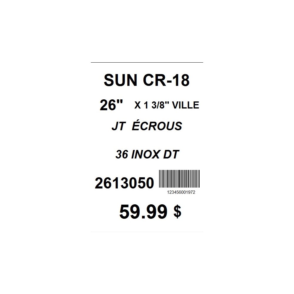 ROUE AV 26X1 3 / 8"SUN CR18 / JT 36R ÉC. ROUE AV 26X1 3 / 8"SUN CR18 / JT 36R ÉC.
